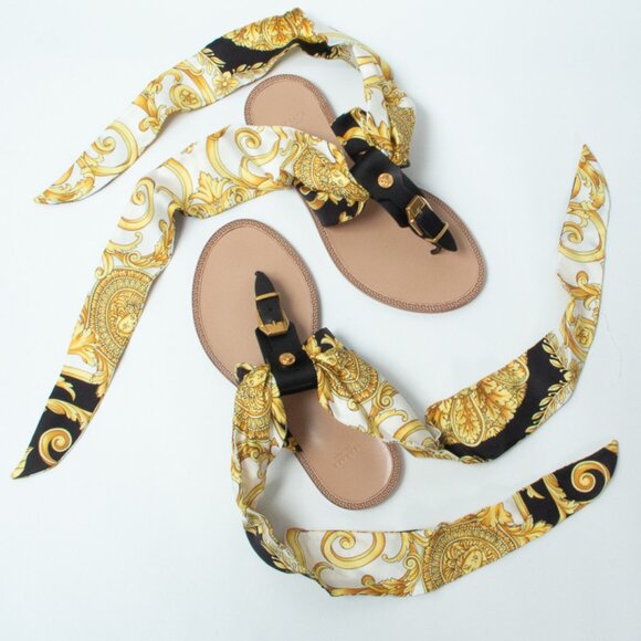 NIB Versace Medusa Ankle Wrap Silk Sash Barocco Sandals Flats Black & Gold, 37 - Picture 12 of 16